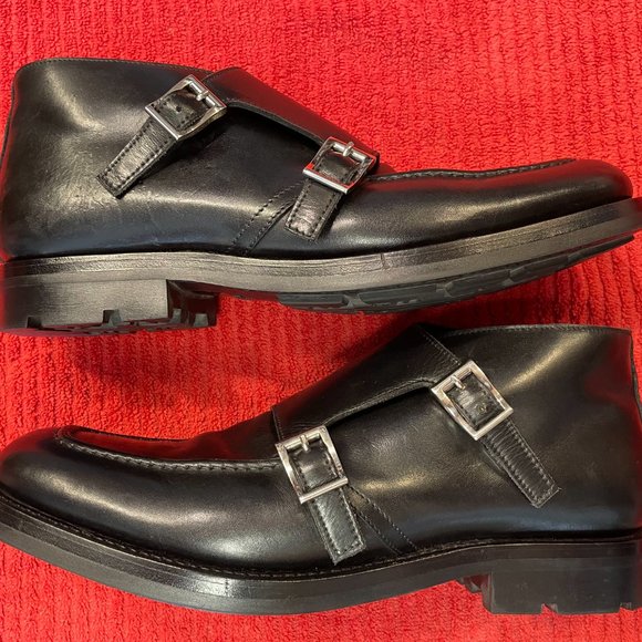 Prada Mens Buckle Boots Black Leather Mid Calf Round Toe Made In Italy - Picture 12 of 16